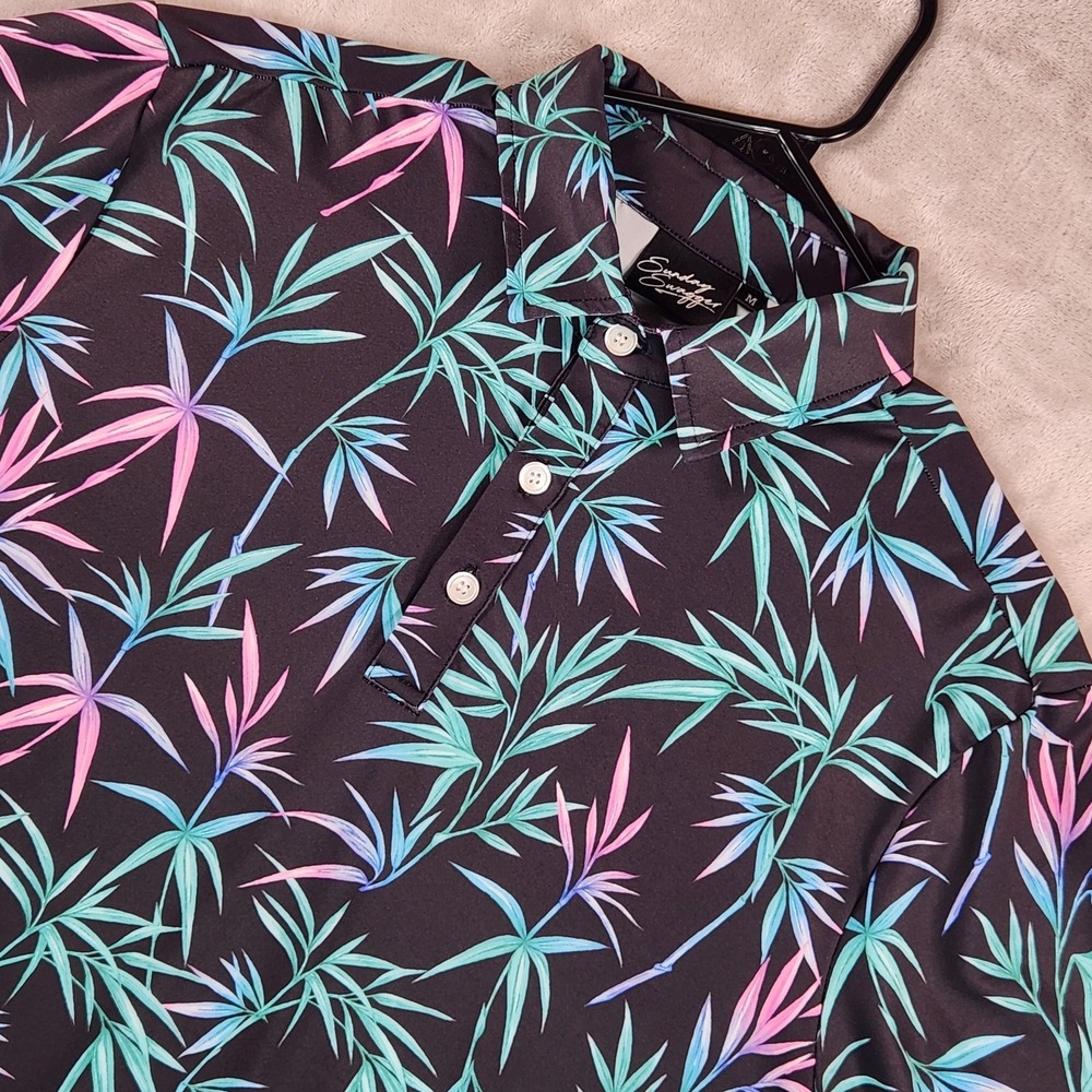 Sunday Swagger Polo Shirt Mens Medium Black Tropical Leaf Golf Performance Print
